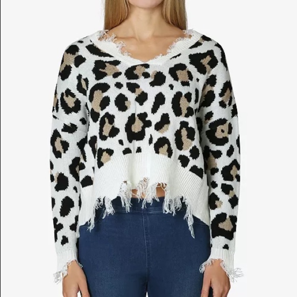 Polly & Esther Destructed Animal-Print Sweater